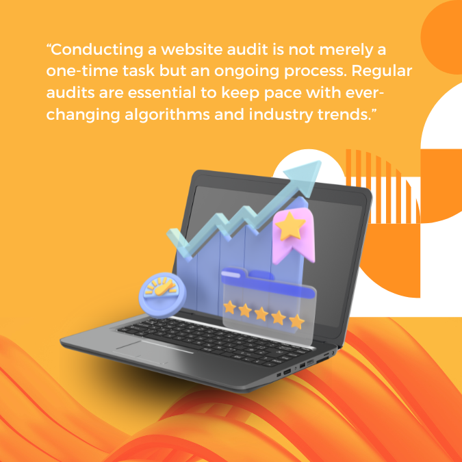 black laptop on an orange background. Laptop screen displays an arrow going up to show gradual seo growth on website audit.