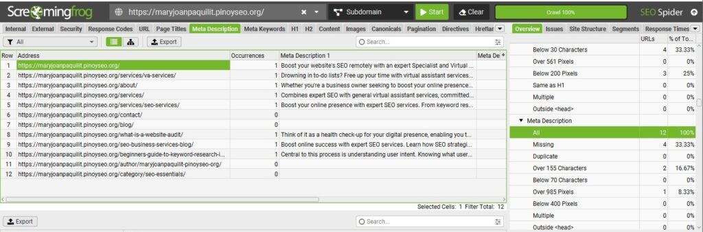 sample screenshot of screamingfrog application