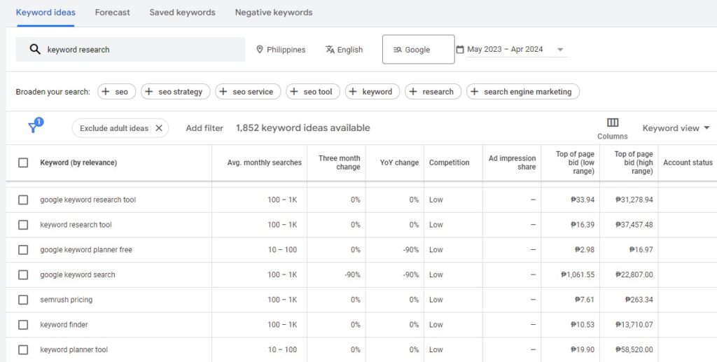 screenshot of google keyword planner interface